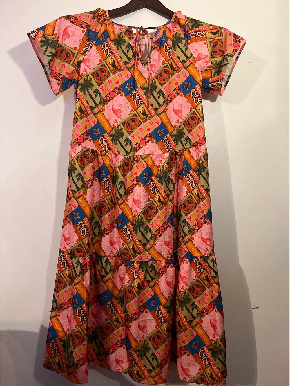 Colorful Patterned Womens Small Dress with Tie Neck